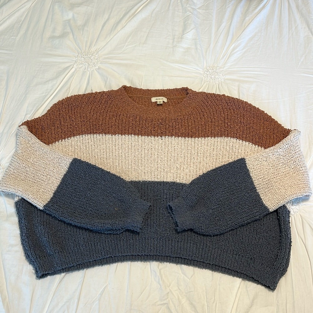 Color block knit cropped sweater - rust, cream, and blue